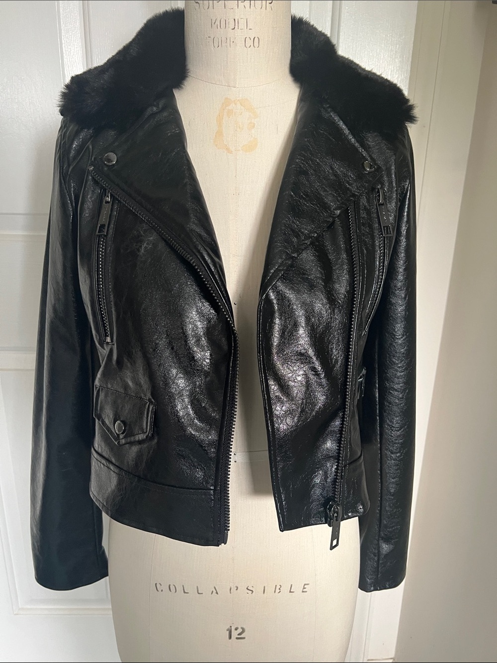 Tahari Black Faux Leather Moto Jacket with Faux Fur Collar